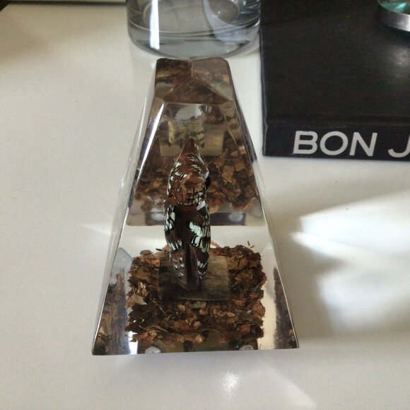 Lucite Pyramid Paperweight Hand Carved Painted Great Horned Owl MCM Mid-century - Picture 3 of 10